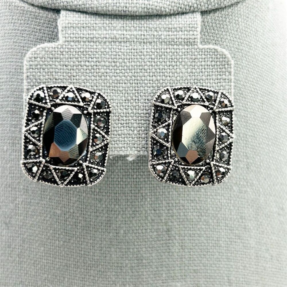 Square Art Deco Faux Black Hematite Rhinestone Stud Earrings Sparkle Fun